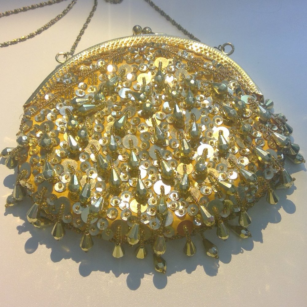 Wristlet Purse, Antique, Gold Beaded